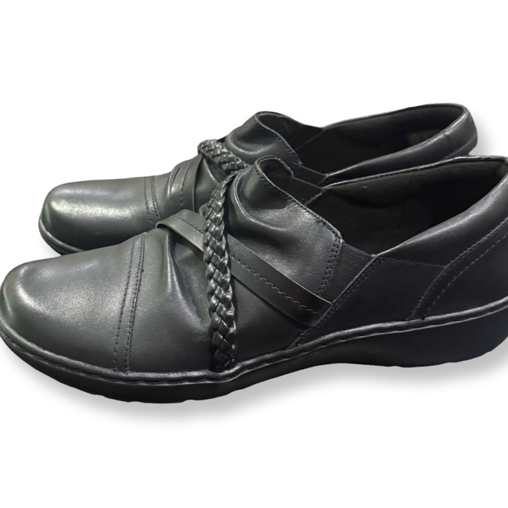Clarks Collection Cora Braid Black Leather Slip On Womens Shoes Size 9